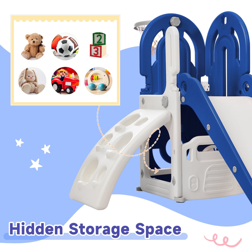 5 in 1 Toddler Swing and Slide Set with Climber, Kids Playground Climber Slide Playset with Safety Belt, Armrest, Basketball Hoop, High Adjustable Baby Swing Set for Indoor Outdoor Backyard, Blue