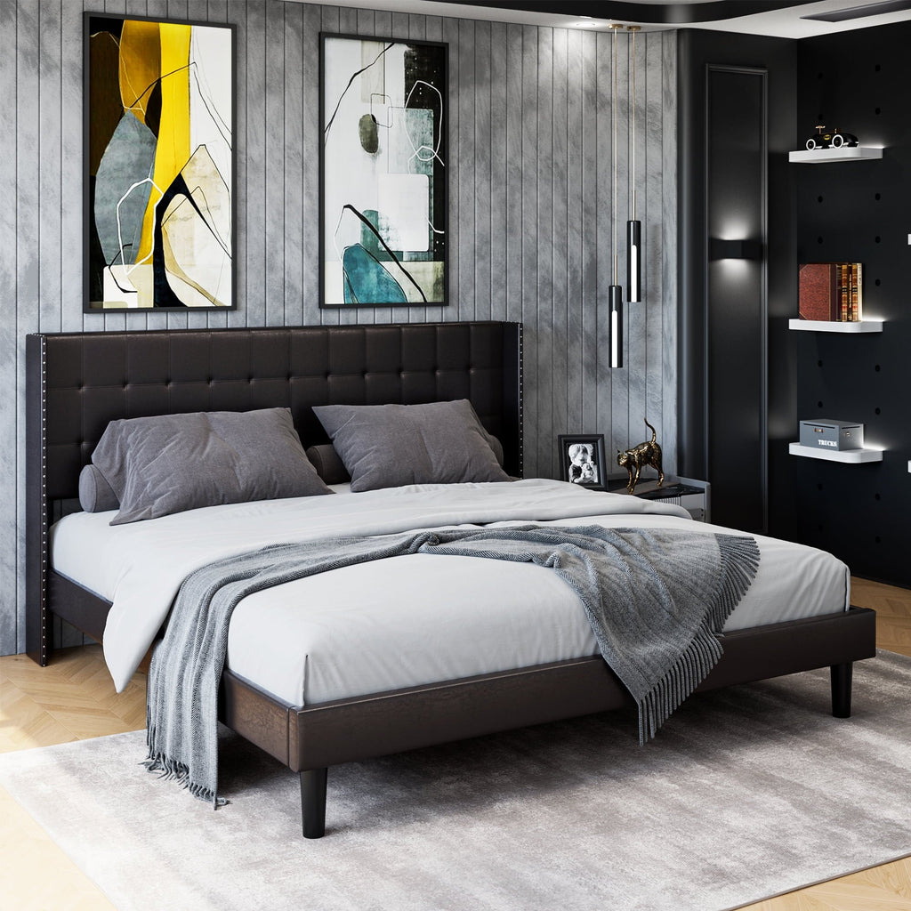 Homfa Full Bed Frame, Modern Bed Frame with Wing-Back PU Leather Upholstered Headboard, Wood Slat Support, Black Brown