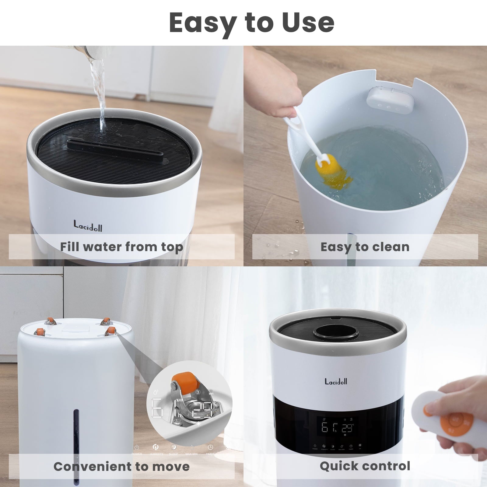 Lacidoll Humidifiers for Large Room - 4.8Gal/18L Wholehouse Humidifier 2000 Sq.ft -  Top Fill, Remote, Timer, 2000ml per Hour Mist Output