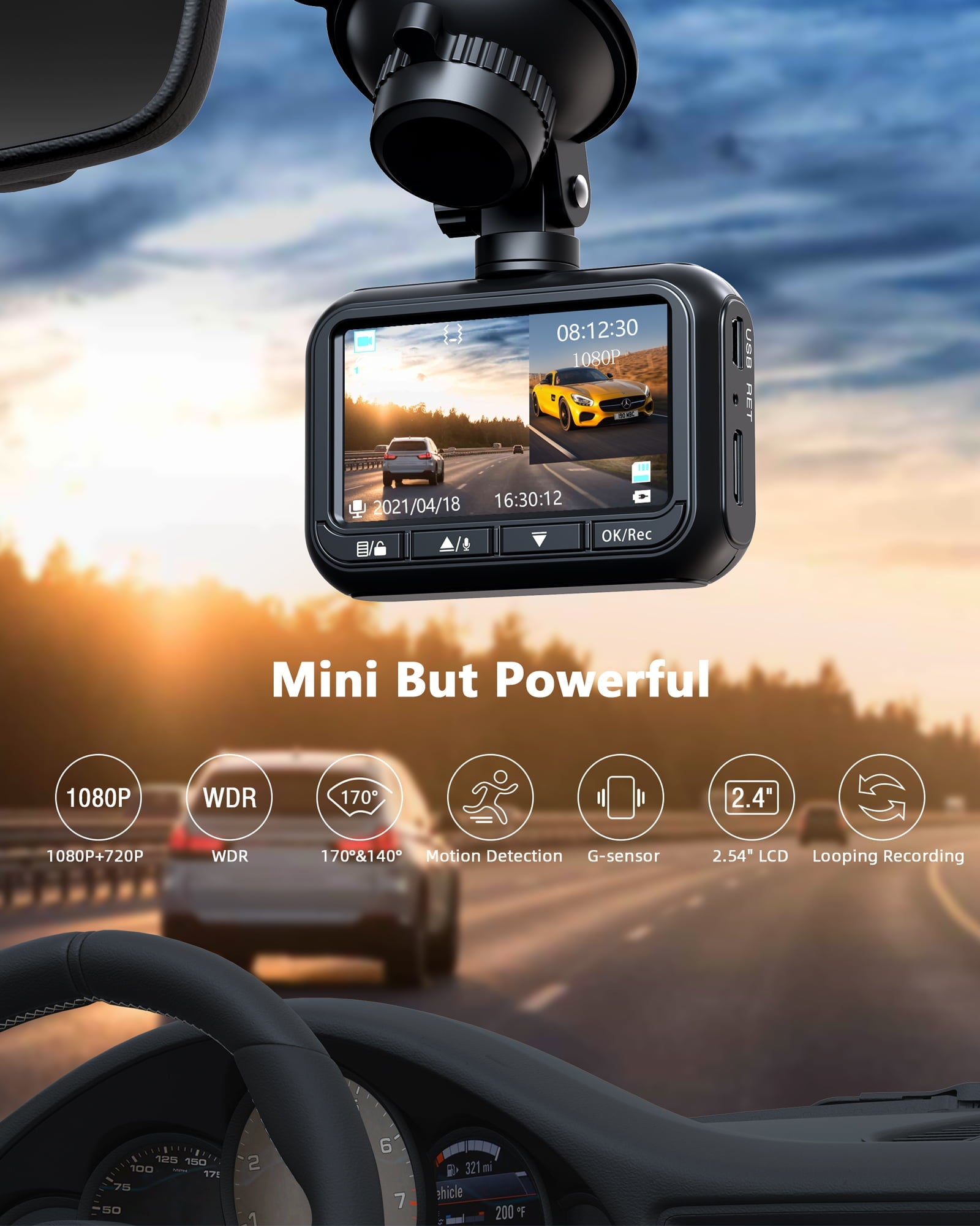 TOGUARD Dash Cam Front and Rear 1080P Full HD Car Camera,2.45 inch Dash Camera with 64GB SD Card, Super Night Vision, Parking Mode, G-Sensor, Loop Recording, WDR