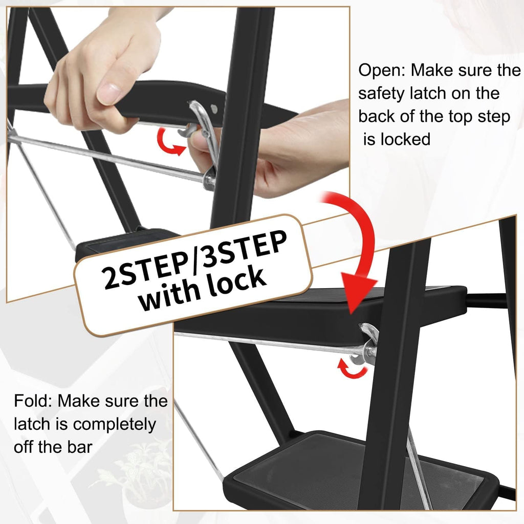 Coolhut 3 Step Ladder, Folding Step Stool with Wide Anti-Slip Pedal, 330lbs Capacity Portable Lightweight Ladders for Home Kitchen Outdoor, Black