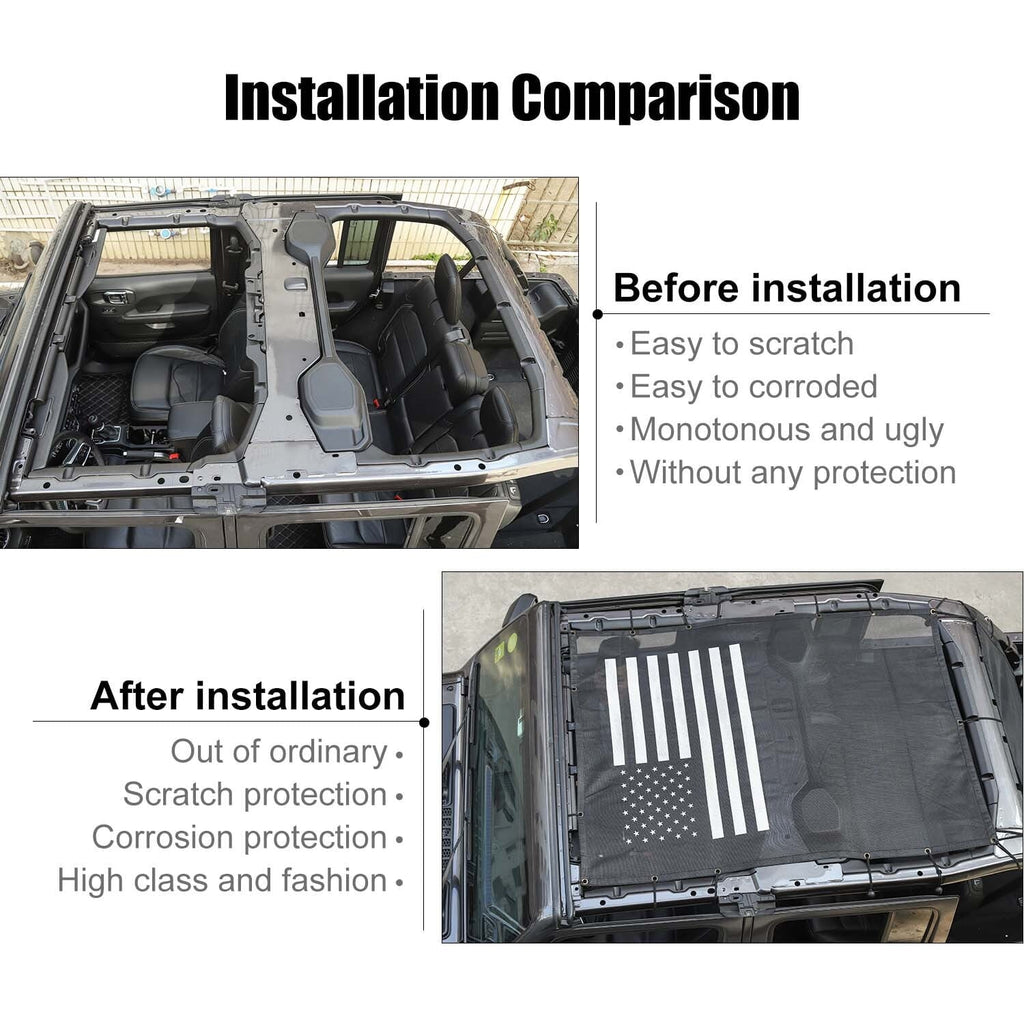 CheroCar Sunshade Bikini Top Mesh Sun Shade for Jeep Wrangler JL JLU 4-Door 2018-2022, Black