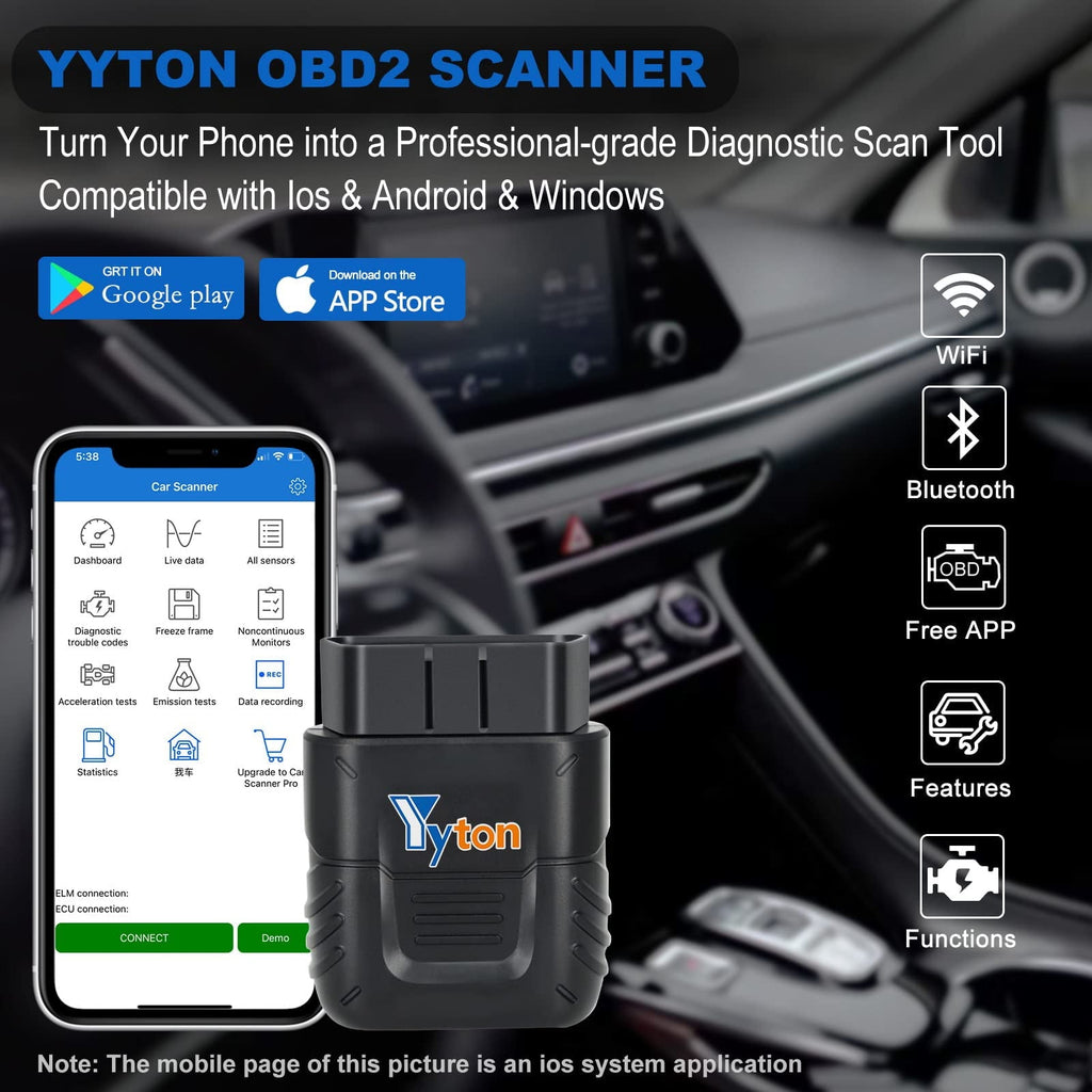OBD2 Scanner Bluetooth, Yyton Car Code Reader for iPhone/Android/Windows, Car Diagnostic Scan Tool Check Engine Light, Car Scanner with Read Code&Emissions Test&Live Sensor Data