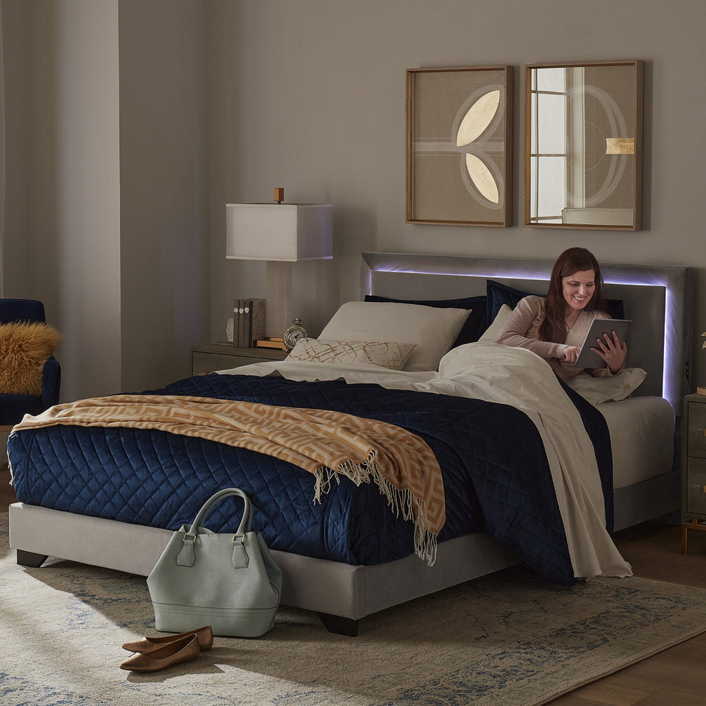 Anchorage Upholstered Queen Bed with LED Lights and USB, Platinum