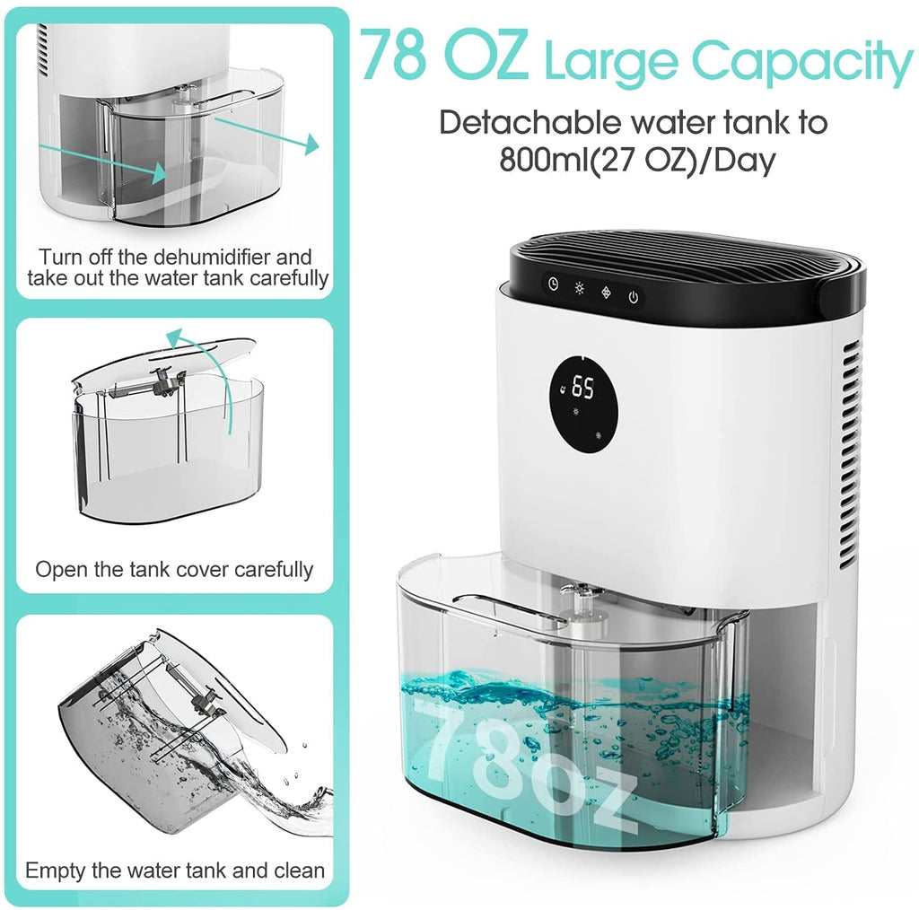 KLOUDIC 78oz 2300ml Dehumidifier for Home 4500 Cubic Feet 480 Sq ft Portable Ultra Quiet Dehumidifiers