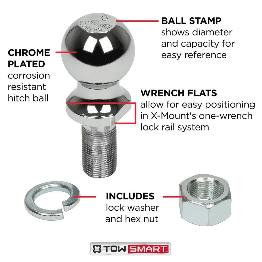 TowSmart Trailer Hitch Ball, Class III, 2in Ball, 1in x 2in Shank, 5000lb, 713, Chrome, 1 Each