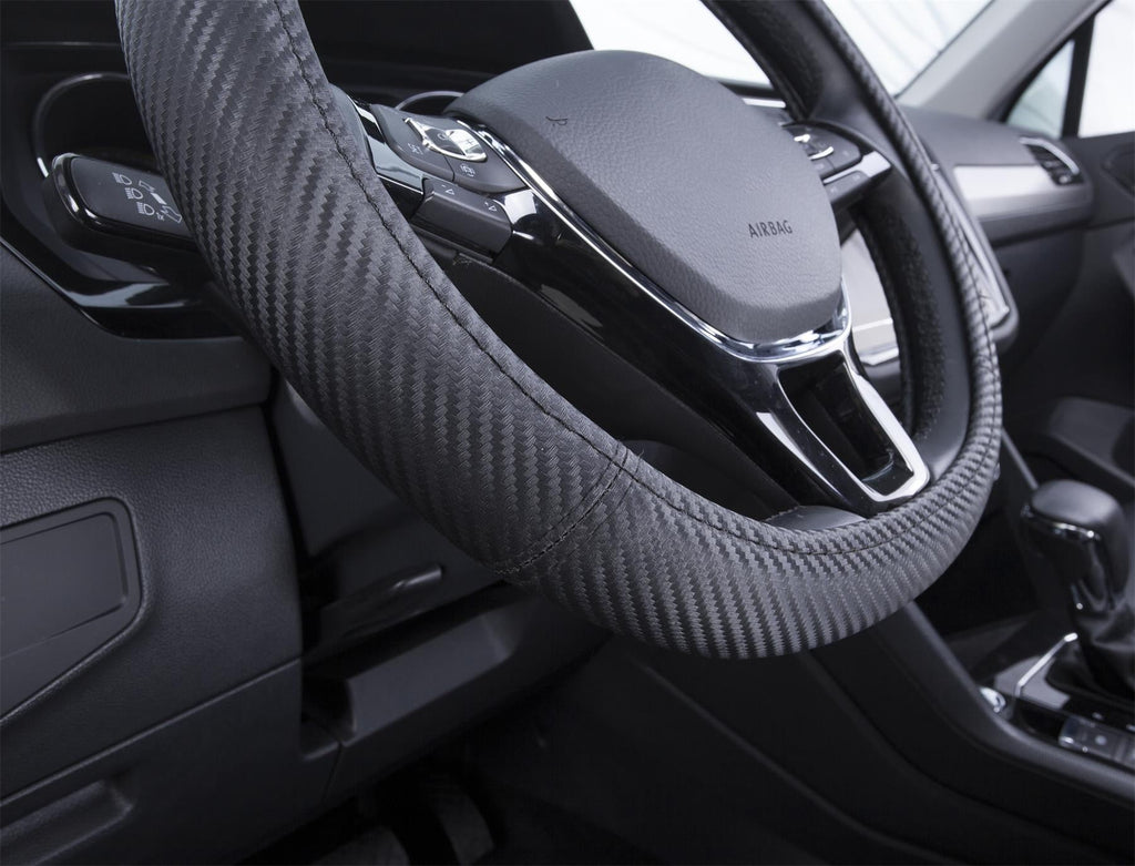 Auto Drive 1PC Steering Wheel Cover Carbon Fiber Black - Universal Fit