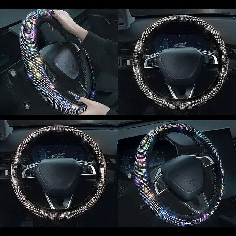 BAMILL Car Bling Steering Wheel Cover for Women Girls,15inch Universal Crystal Rhinestone Bling Anti-Slip Wheel Protector