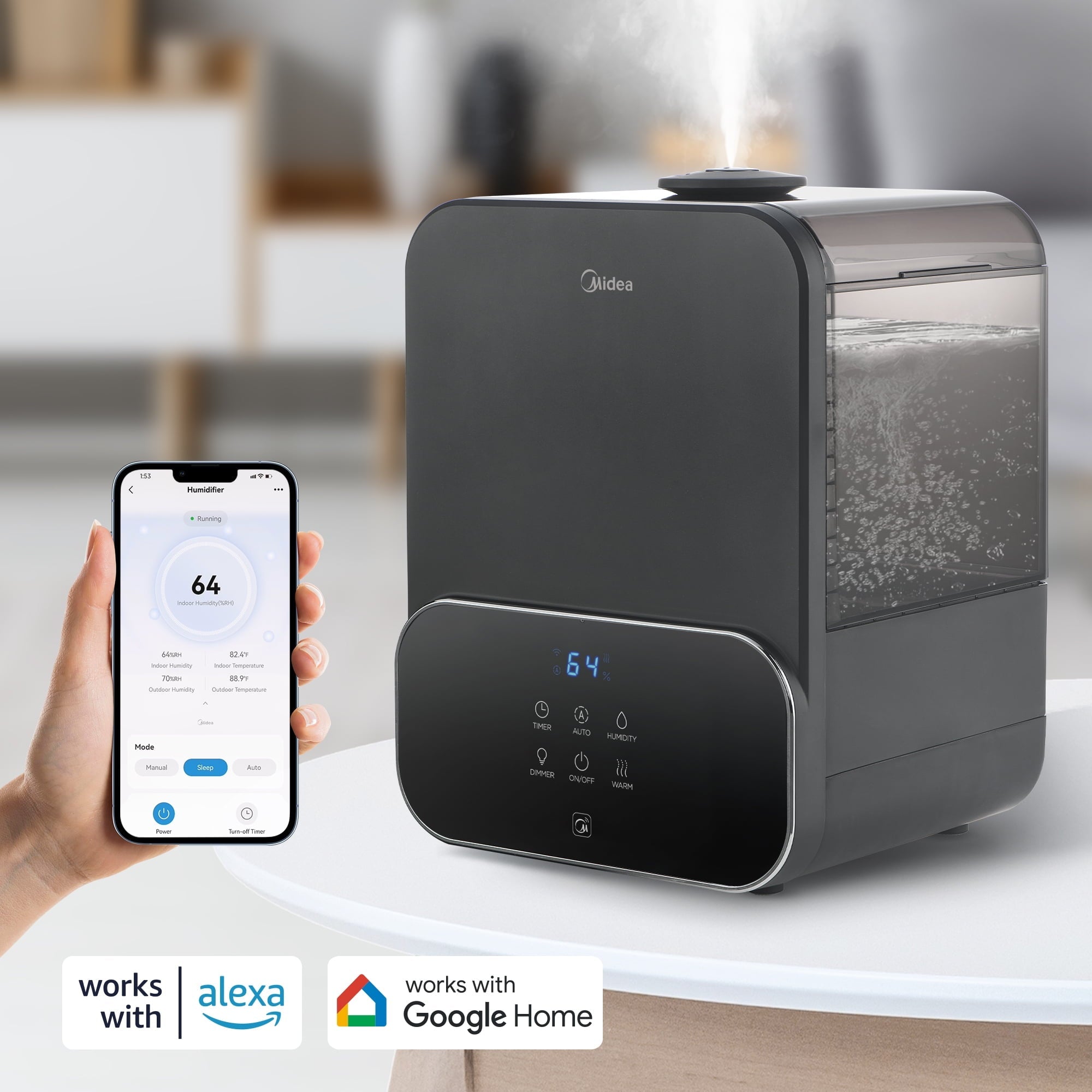 Midea 2-in-1 Warm/Cool Mist Humidifier, w/ WiFi, Black