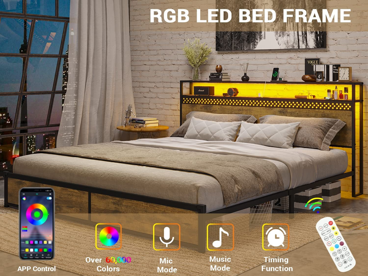 ADORNEVE LED King Bed Frame with Outlets and USB Ports, Metal Platform Bed with 2-Tier Storage Headboard and LED Lights, No Box Spring Needed, Easy Assembly, Vintage Brown