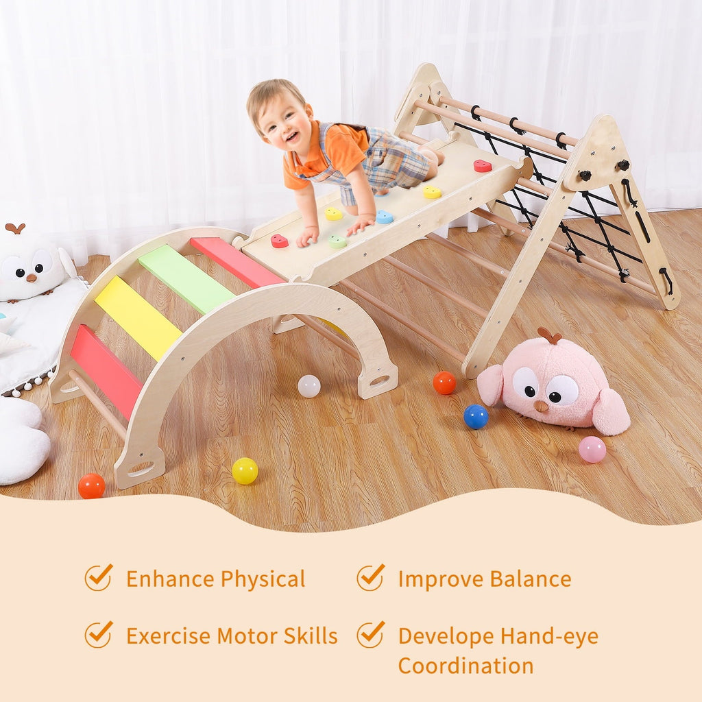 3-in-1 Wooden Climbing Toys, Foldable Triangle Ladder Toy, with Ramp, Slide or Climb, Indoor Gym Playground Playset for Toddlers