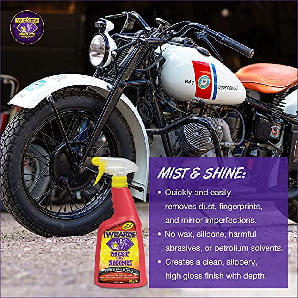 Wizards Motorcycle Cleaning Kit - Cleaner, Quick Detailer, and Bug Remover with Fiber Cloth and Detailing Bag - Stain Remover for Motorcycles - Portable Motorcycle Accessories and Cleaning Kits