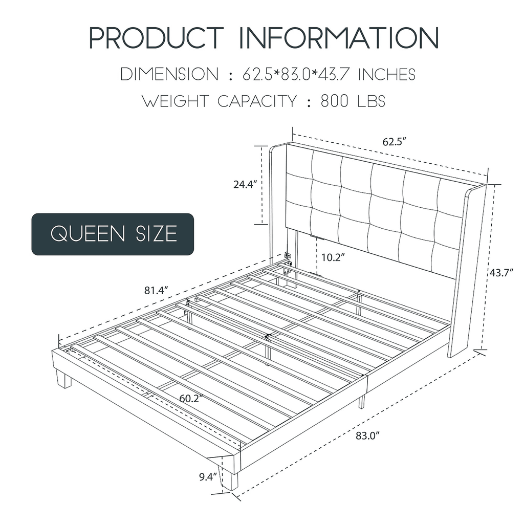 Einfach Queen Platform Bed Frame with Upholstered Wingback Linen Fabric Square Stitched Headboard, Dark Grey