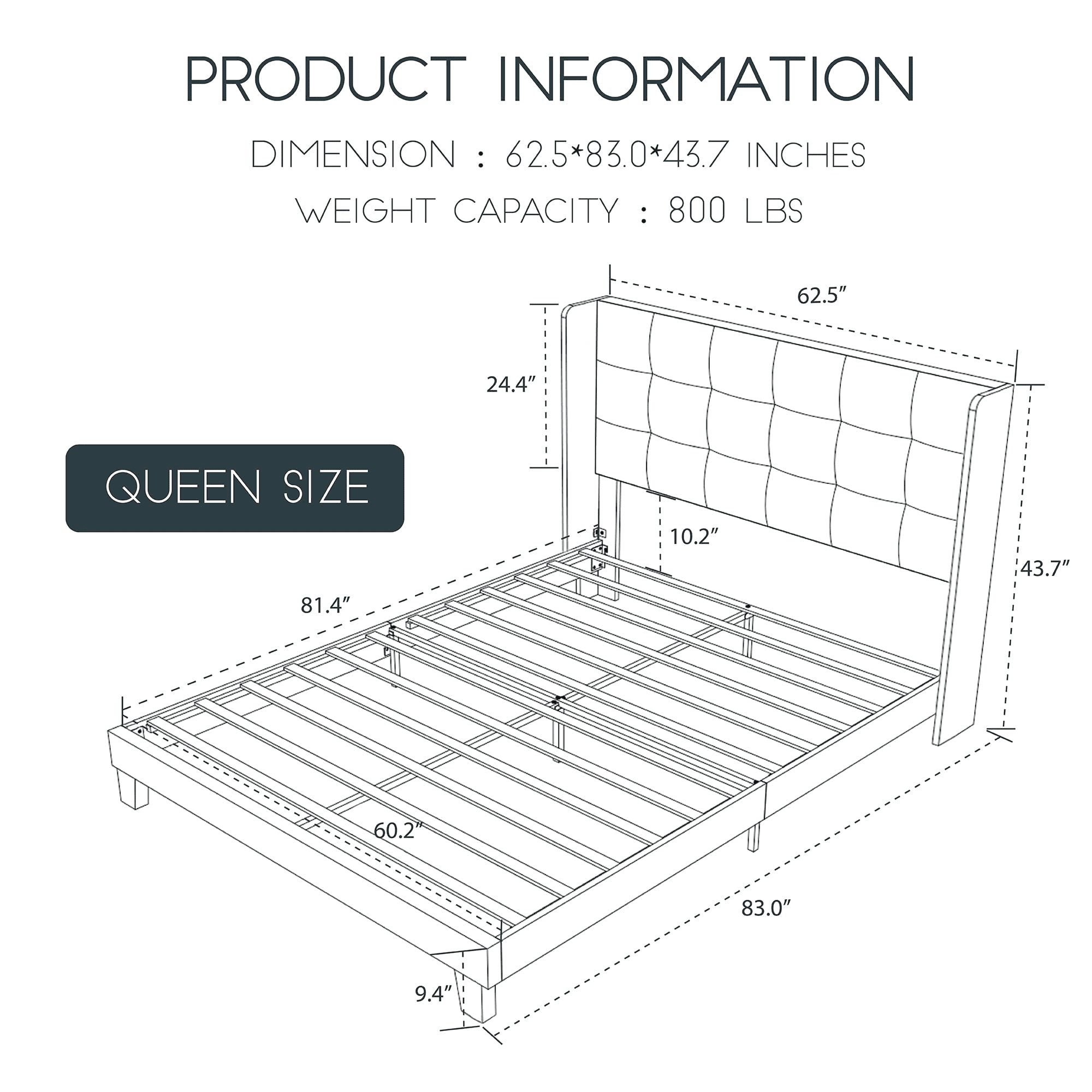 Einfach Queen Platform Bed Frame with Upholstered Wingback Linen Fabric Square Stitched Headboard, Dark Grey