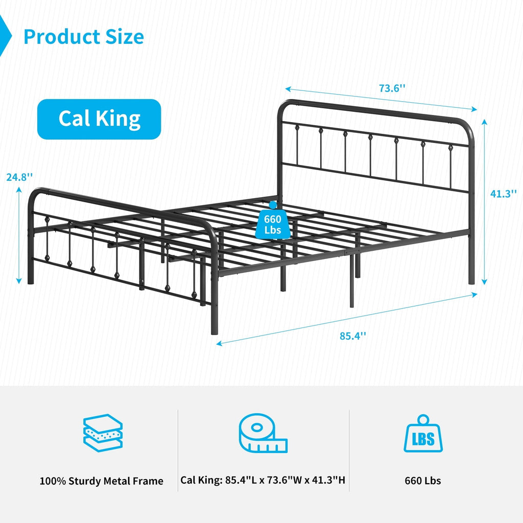 TABU California King Size Metal Bed Frame with Headboard & Footboard -Mattress Foundation - Easy Assembly - No Box Spring Needed - Cal King/Black
