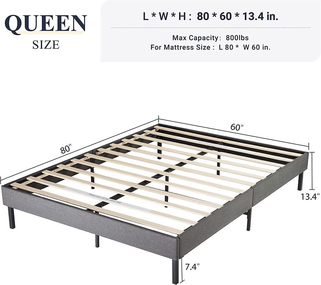 Allewie Queen Size Upholstered Platform Bed Frame, 24 Wooden Slats Support, No Box Spring Needed, Dark Grey