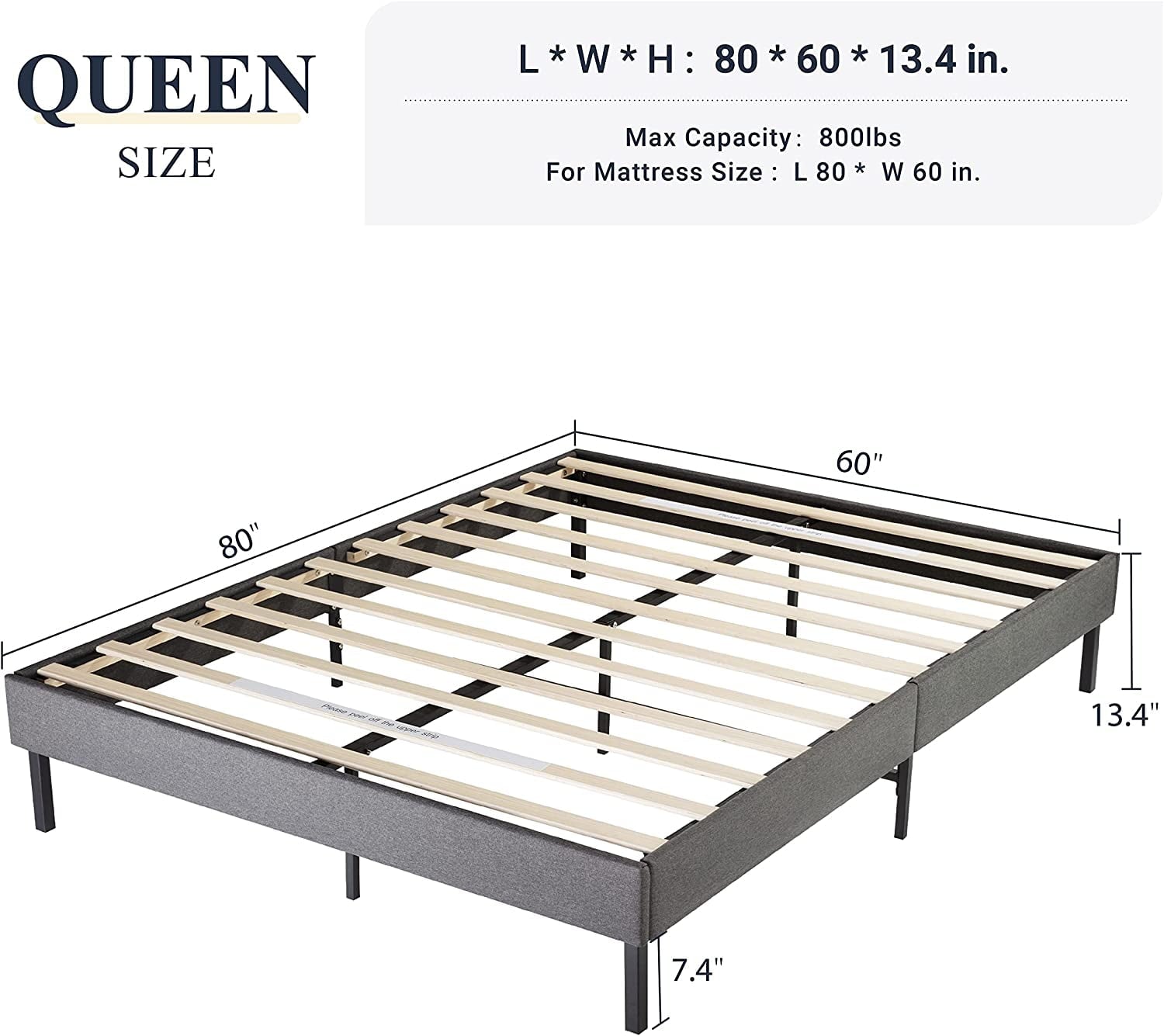 Allewie Queen Size Upholstered Platform Bed Frame, 24 Wooden Slats Support, No Box Spring Needed, Dark Grey