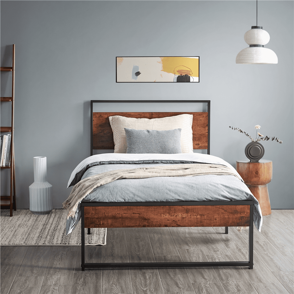 Topeakmart Rustic Metal Bed Frame Slatted Bed Base with Wooden Headboard and Footboard, Twin