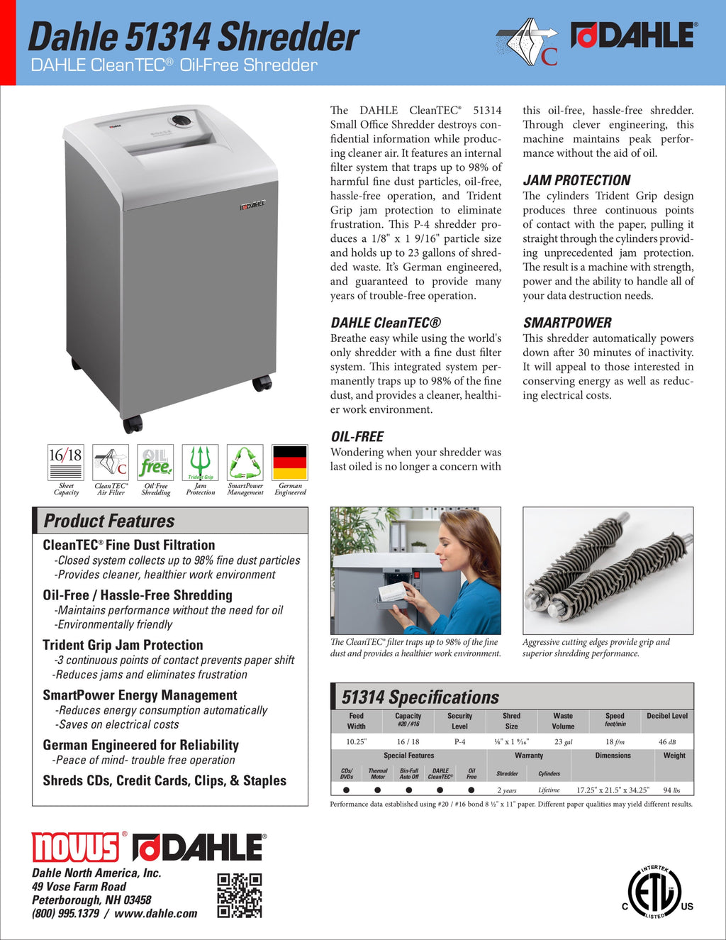 DAHLE CleanTEC 51314 Oil-Free Paper Shredder w/Air Filter, Jam Protection, 16 Sheet Max, Level P-4