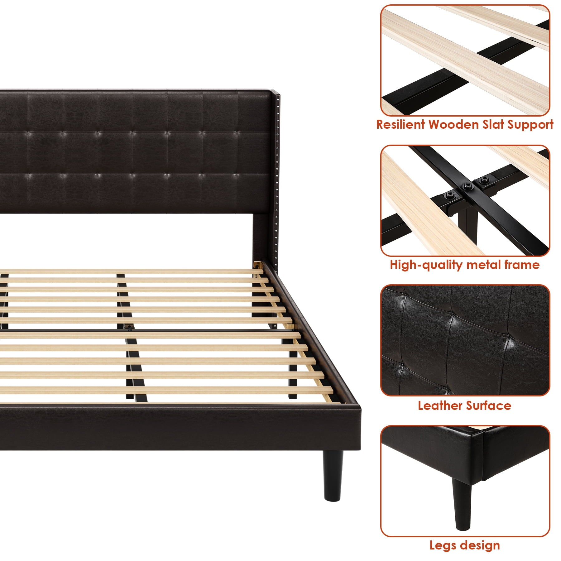 Homfa Full Bed Frame, Modern Bed Frame with Wing-Back PU Leather Upholstered Headboard, Wood Slat Support, Black Brown