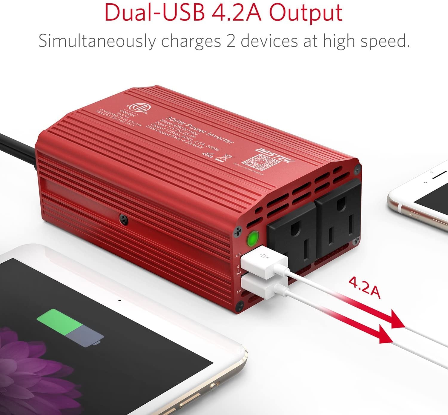 BESTEK 300W Car Inverter,DC 12V to 110V AC Power Inverter with 4.2A 2 USB Ports