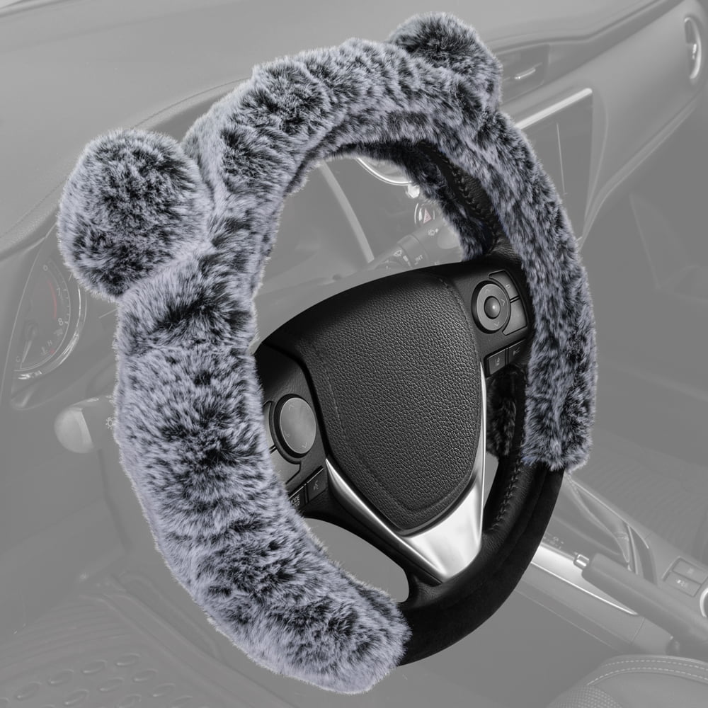 BDK Bear Fur Plush Steering Wheel Cover - Cute Faux Wool Protector Universal Size (Gray - With Ears)
