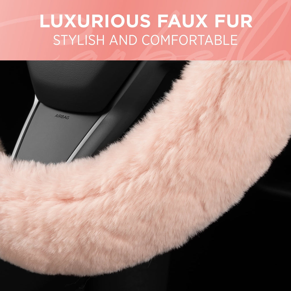 Carbella Soft Pink Faux Fur Steering Wheel Cover for Women, Standard 15 Inch Size Fits Cars Trucks SUV