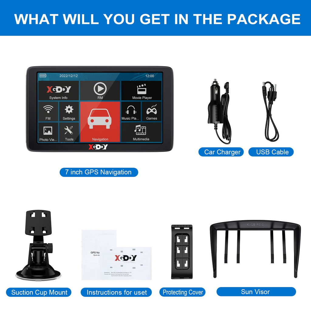 XGODY 7 inch GPS for Car GPS Navigation for Car 8GB+256 Truck GPS Sat Nav with Speed Voice Guidance Route Planning Lifetime Free Map Update