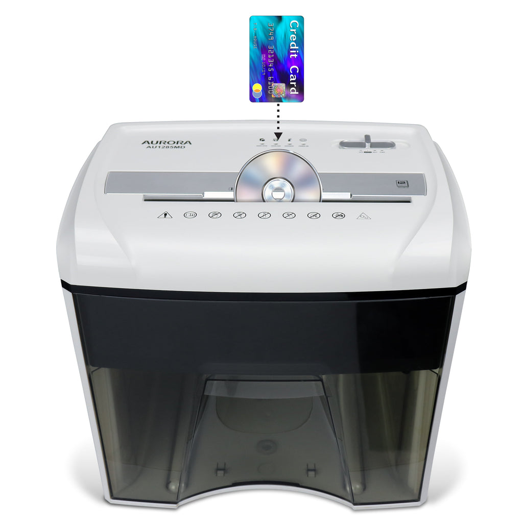 Aurora AU1285MD Compact Desktop-Style High Security 12-Sheet Micro-Cut Paper and CD/Credit Card/Junk Mail Pullout Basket Shredder, White/Black