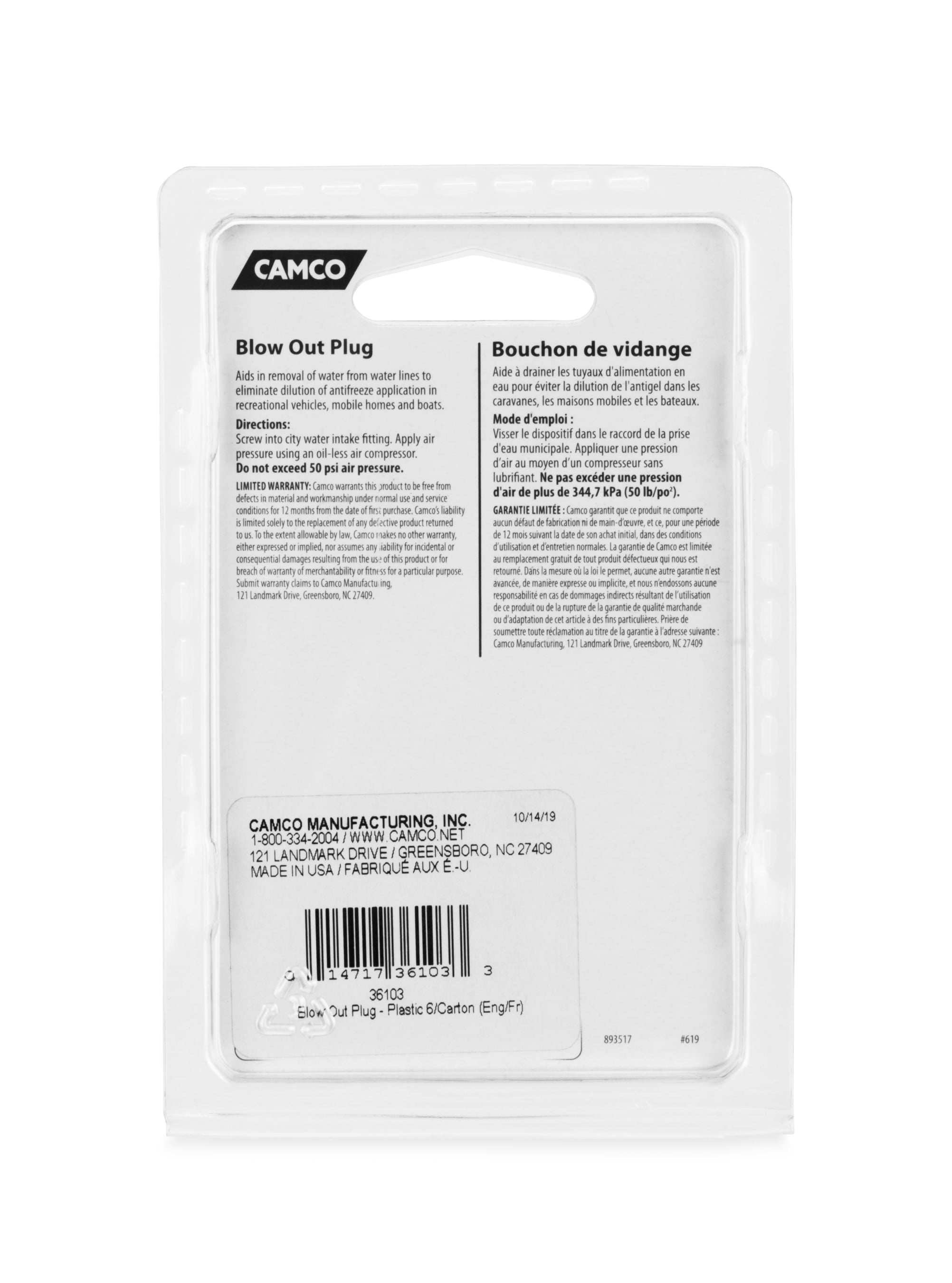 Camco Camper/RV Blow Out Plug | Used to Apply Air Pressure in Water Lines for Winterizing | Plastic, White (36103)