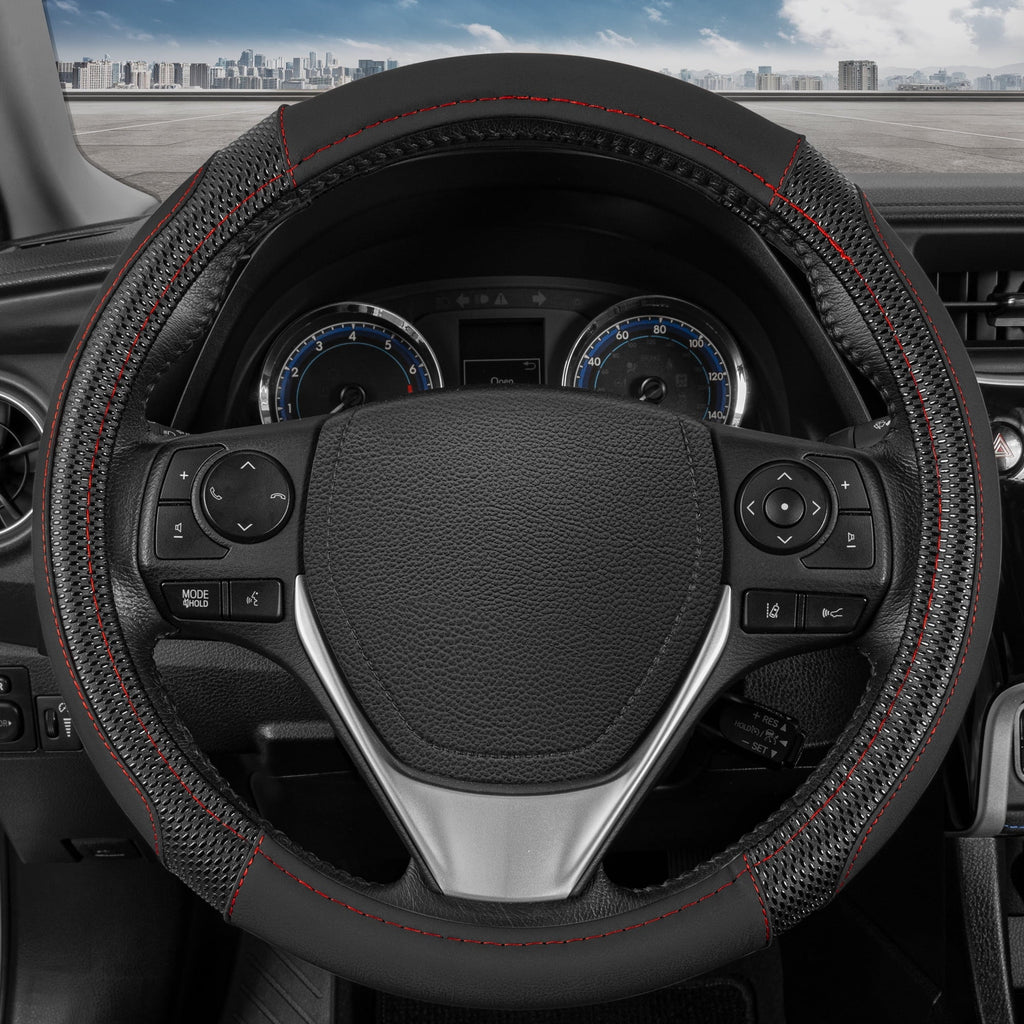 BDK GripTech Sport Black Steering Wheel Cover for Car Truck Van SUV, Medium (14.5" - 15.5") – Ergonomic Comfort Grip for Men & Women, Universal Fit Car Steering Wheel Cover