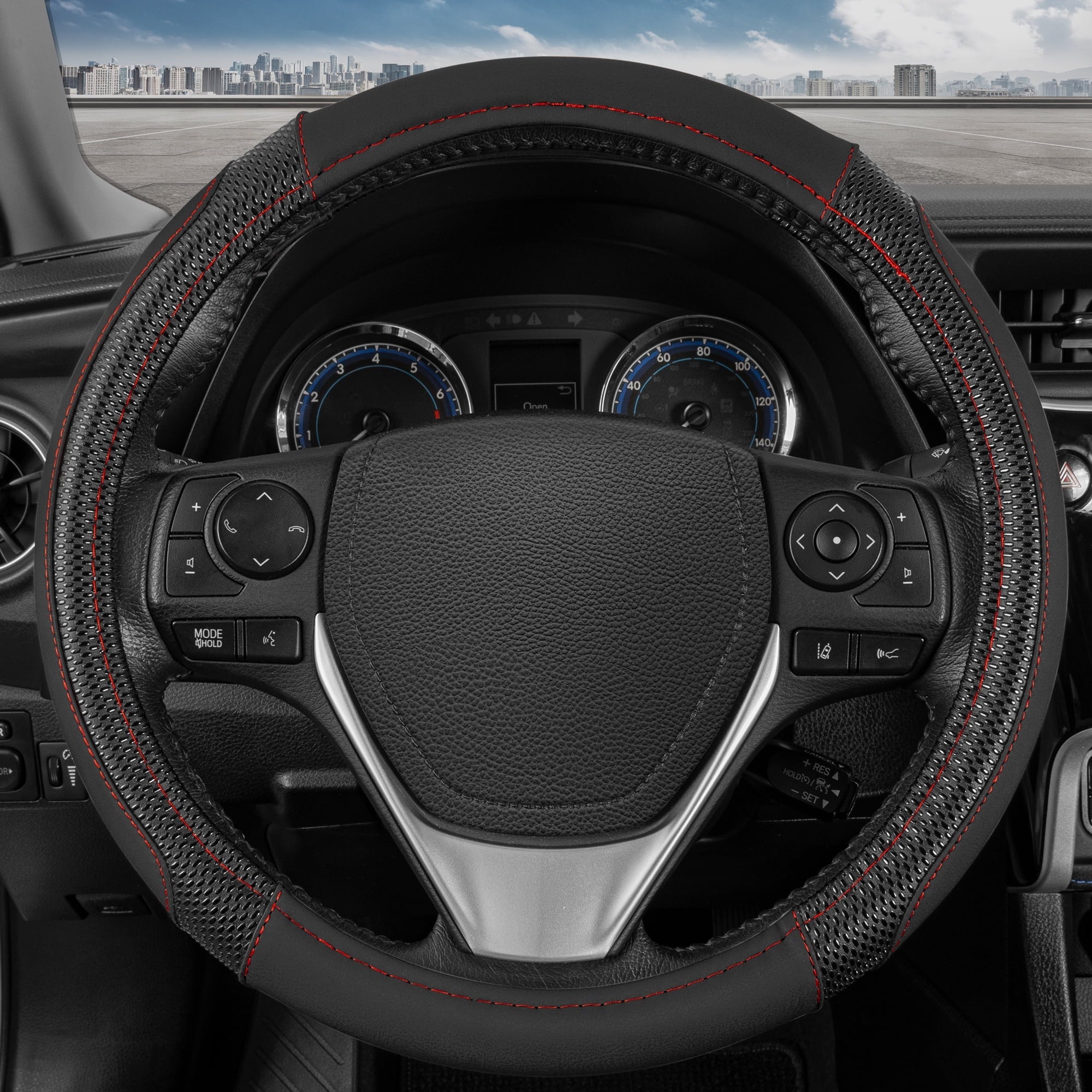 BDK GripTech Sport Black Steering Wheel Cover for Car Truck Van SUV, Medium (14.5" - 15.5") – Ergonomic Comfort Grip for Men & Women, Universal Fit Car Steering Wheel Cover