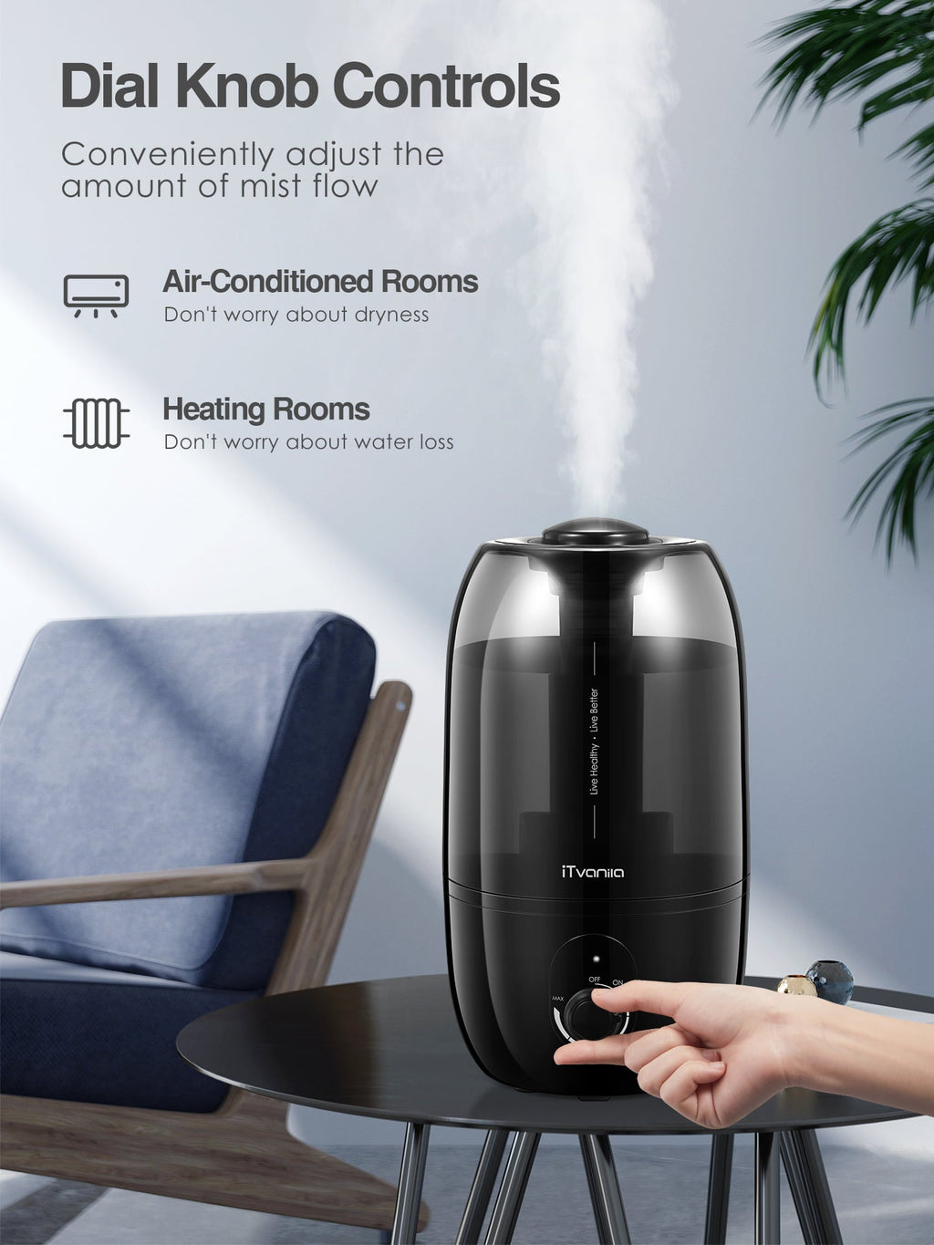 Cool Mist Humidifiers, 2.7L Humidifier for Home and Baby Room, 28H Quiet Output Bedroom Humidifier with 360° Rotating Nozzle, Black