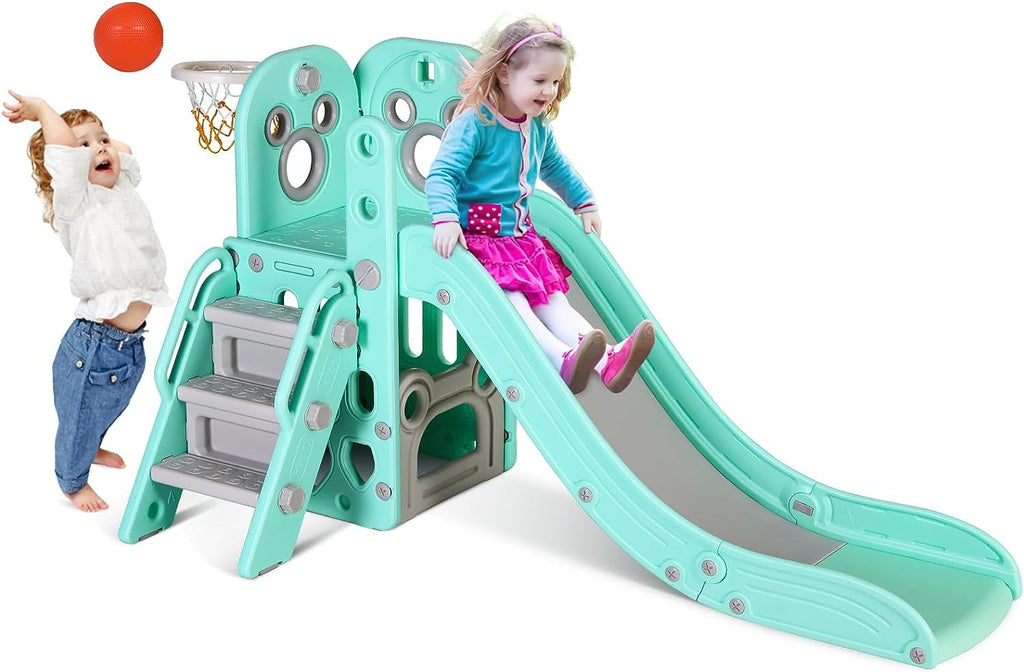 Arlopu Large Kids Slide, 4 in 1 Sturdy Toddler Slide Climber Playset with Basketball Hoop & Ball, Storage Space and Non-Slip Steps, Indoor Outdoor Toy for Children 1 Years +