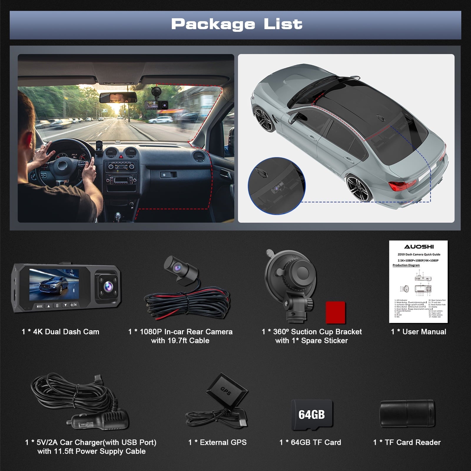 AUOSHI 3 Channel Dual Dash Cam Front Rear 4K/2.5K+1080P 3.16" Full HD with Wi-Fi GPS Free 64GB SD Card Car Dashboard Recorder IPS Screen Night Vision Wide Angle WDR 24H Parking Mode Support 256GB Max