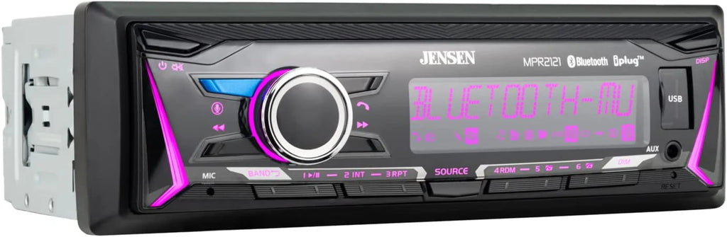 Jensen MPR2121 | 12 Character LCD Single DIN Car Stereo Receiver | RGB Custom Colors | Push to Talk Assistant | Bluetooth Hands Free Calling & Music Streaming | AM/FM Radio | USB Playback & Charging