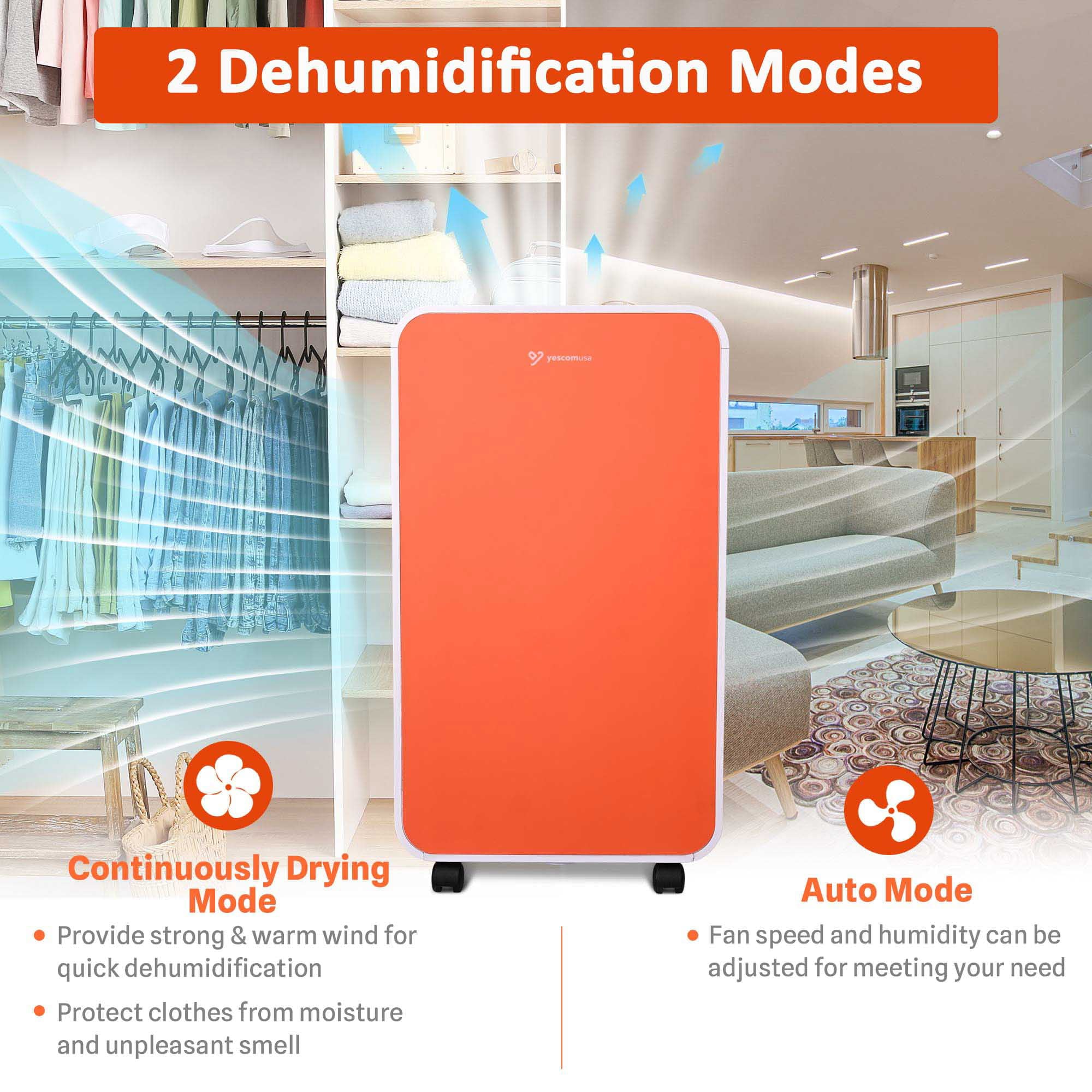 Yescom 24 Pint Portable Dehumidifier 2700 Sq. ft for Basement and Home with Drain Hose, Auto Shut-off