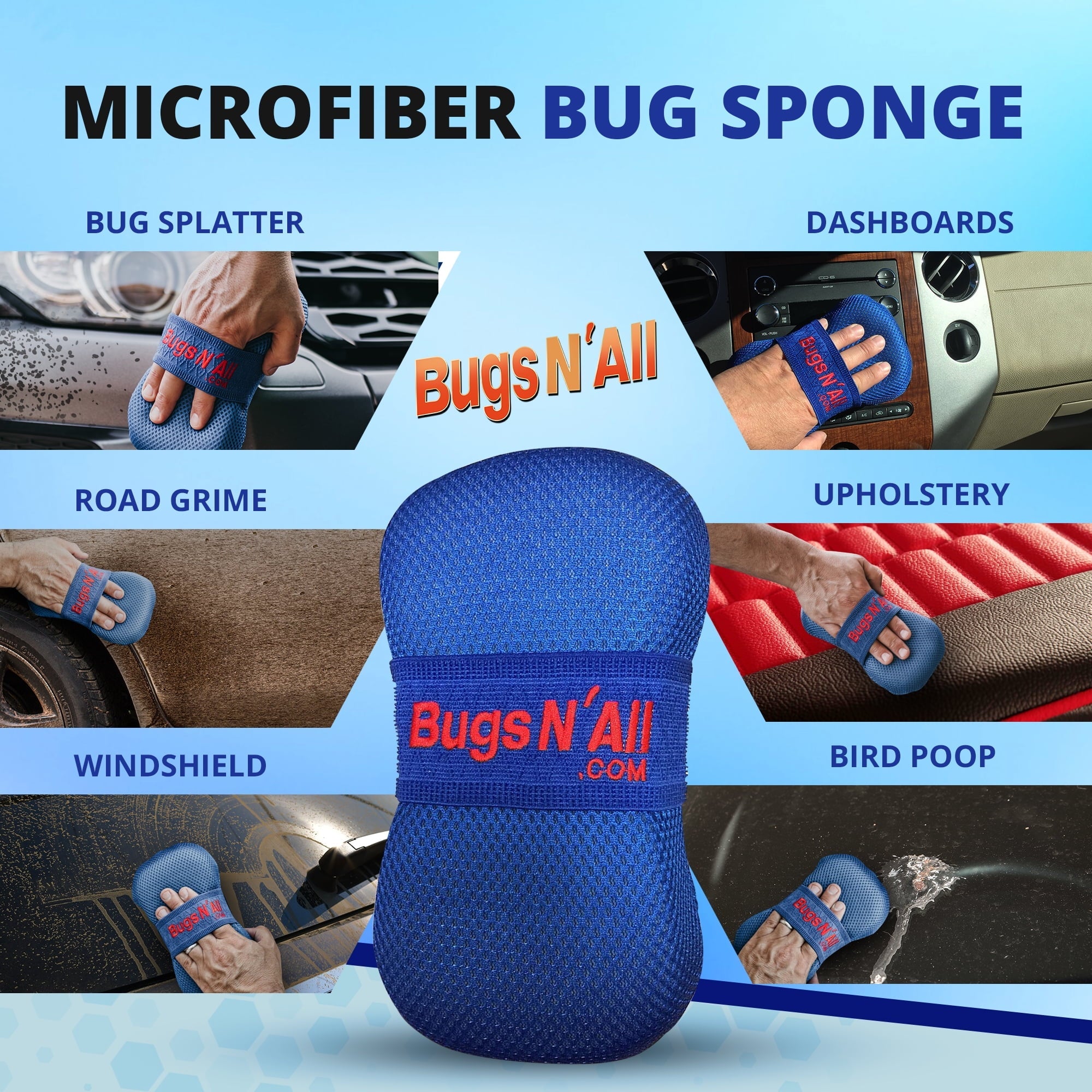 Bugs N All Bug Microfiber Car Wash Sponge - Bug and Tar Remover - Automotive Cleaning Supplies, 1 Sponge
