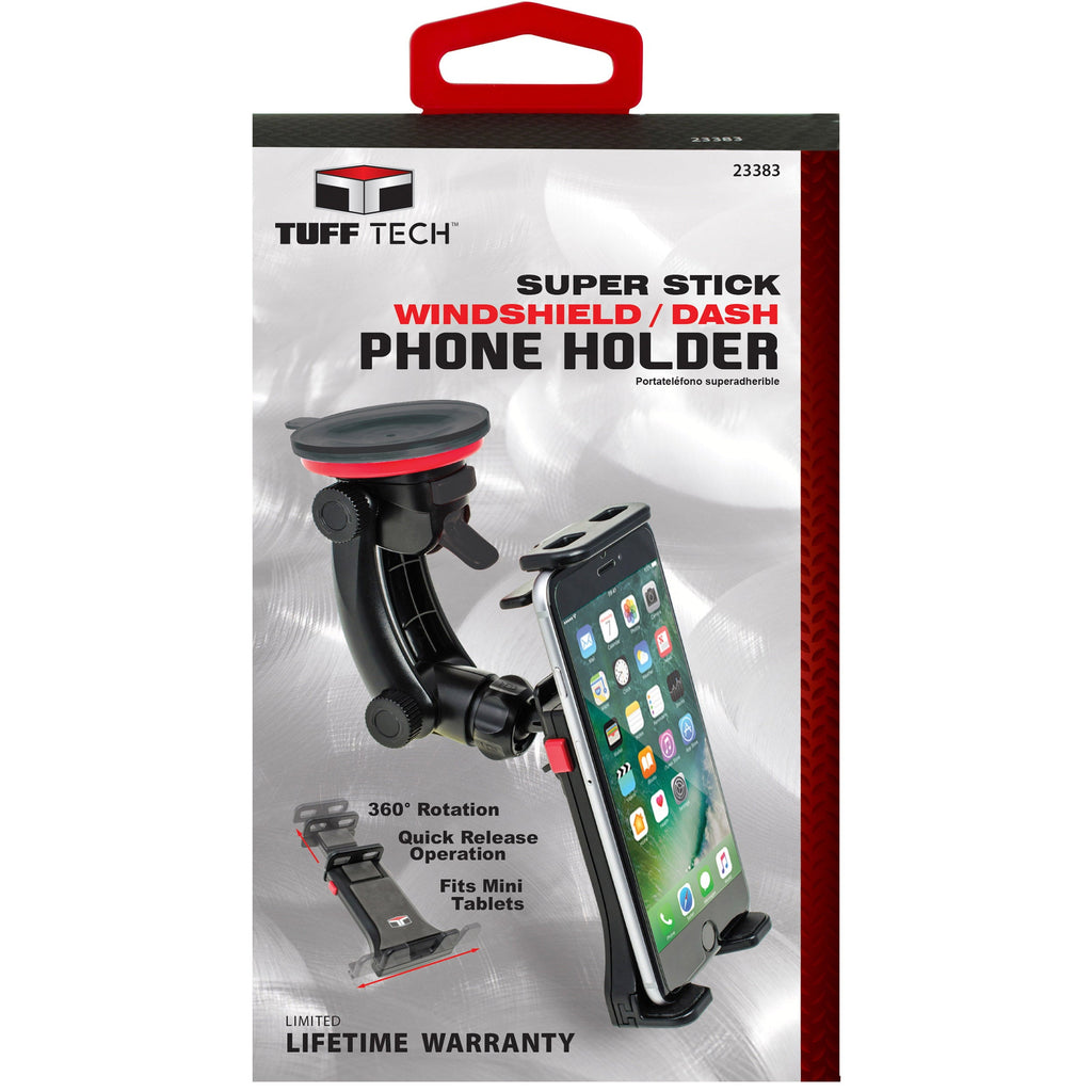 Tuff Tech Super Stick Universal Car Mount Phone Holder Desk Stand with Suction Cup Base and Adjustable Arm for -iPhone, Samsung, LG, Moto, Huawei, Smartphones