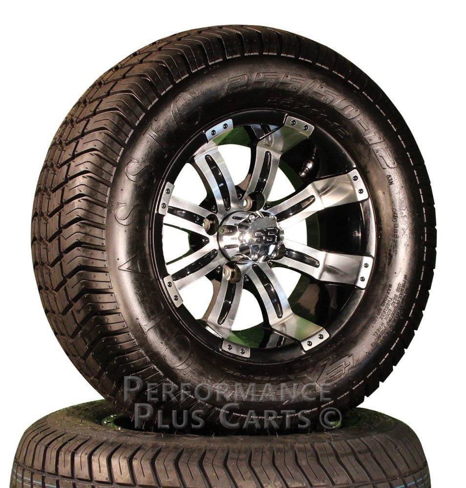 12" Tempest Black / Machined Golf Cart SS Wheels with 255/50 Lifted Tire Package