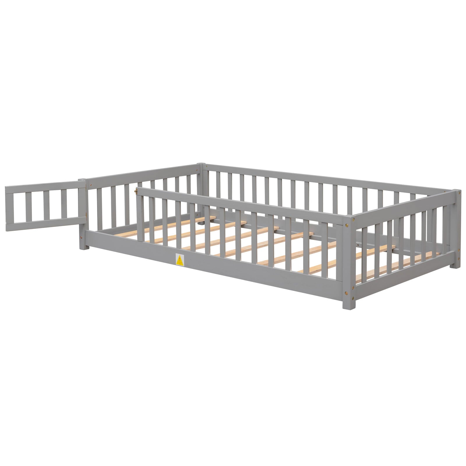 Twin Size Floor Bed Frame, Solid Wood Platform Bed Frame with Safety Fence & Small Door, Montessori Floor Bed with Slats Support for Boys Girls, No Box Spring Needed, Grey