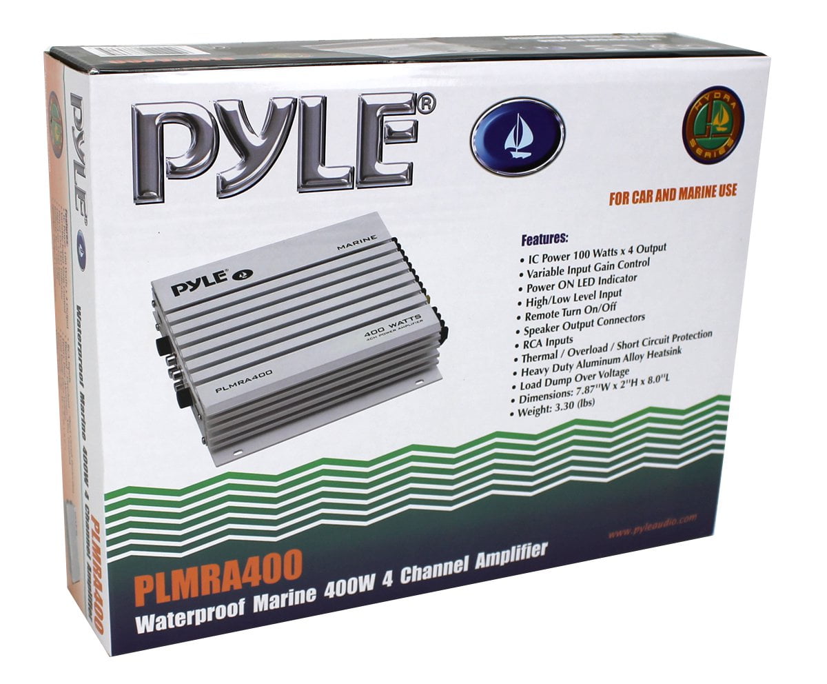 Pyle PLMRA400 400 Watt 4 Channel Waterproof Marine Boat Audio Amplifier, White
