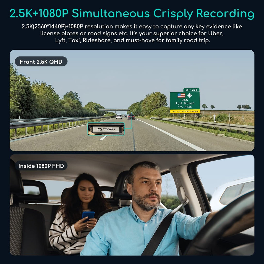 Dash Cam WiFi 2.5K Dual Dash Cam Front and Inside, Parking Mode, Loop Recording Dash Camera Driving Recorder with GPS and Speed