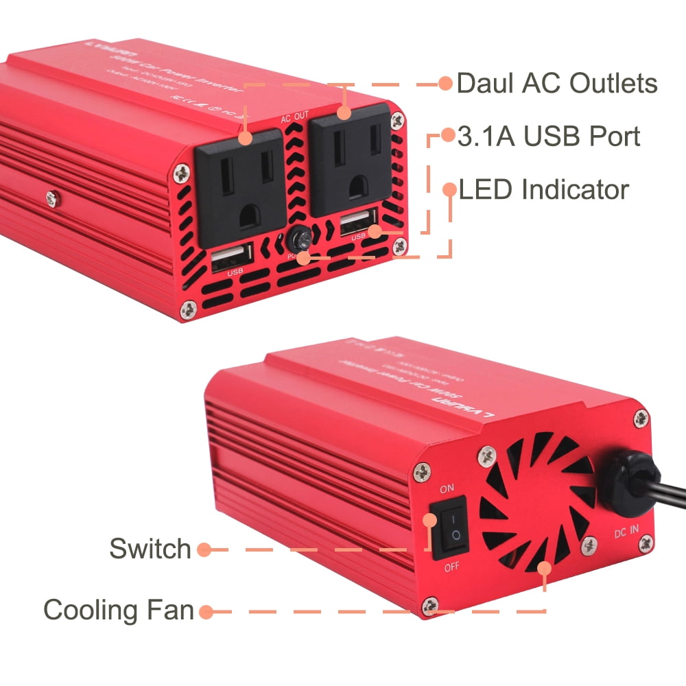 LVYUAN 500 Watts Power Inverter Converter DC 12V to AC 110V Car Inverter 2USB Car Adapter