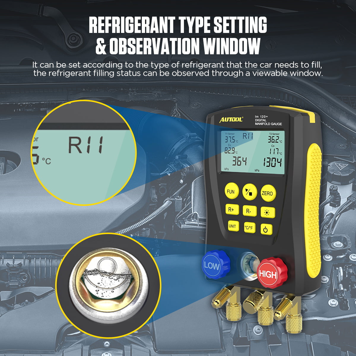 AUTOOL Air-Conditioning R134A Refrigerationt Digital Manifold Gauge Set, HVAC Vacuum Pressure Temperature Tester Kit, Support 89 Kinds Refrigerant HVAC Tools, AC Leak Detector Kit