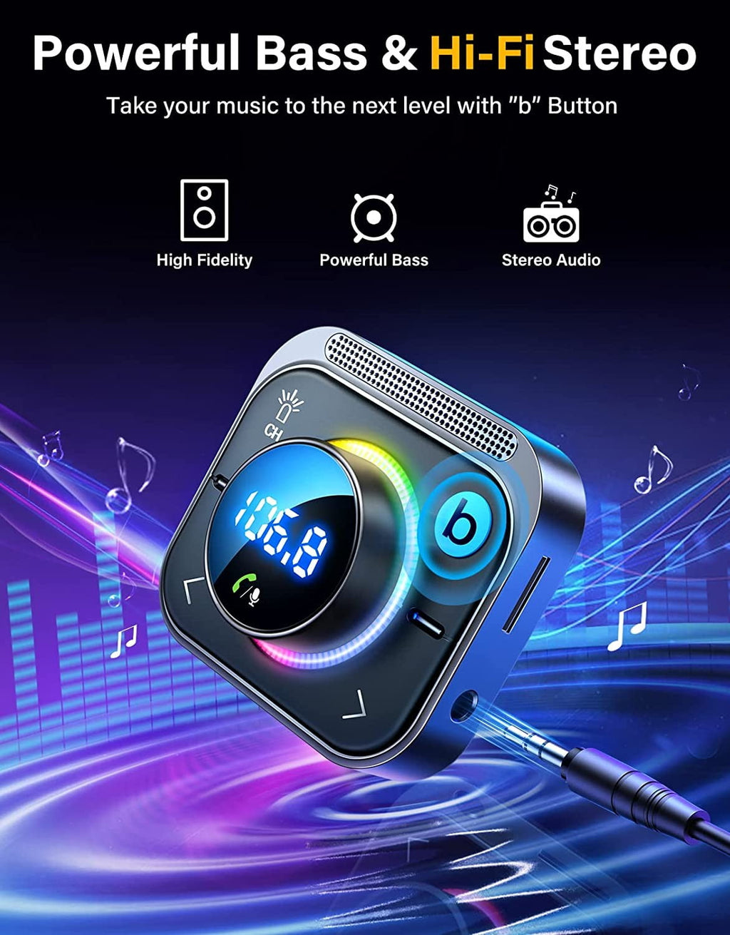 JOYROOM Bluetooth 5.3 Car Wireless FM Transmitter Adapter, 3-Port PD & QC 3.0 USB C Charger, Radio Aux Handsfree Car Kit, Music Player with Air Vent Clip