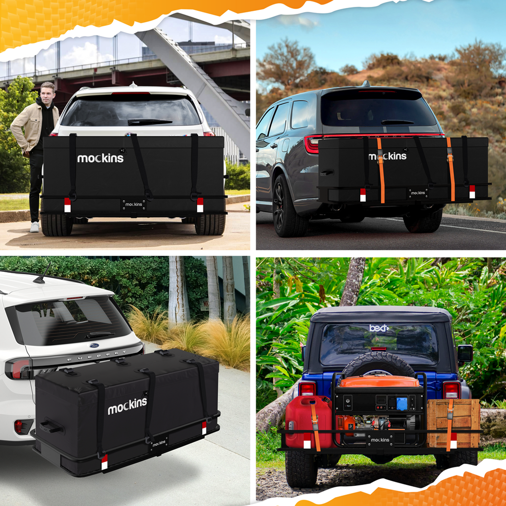 Mockins 60"x20"x6" Car Cargo Carrier Hitch Mount | 500 lbs Cap. Folding Hitch Basket with 16 CF Cargo Bag