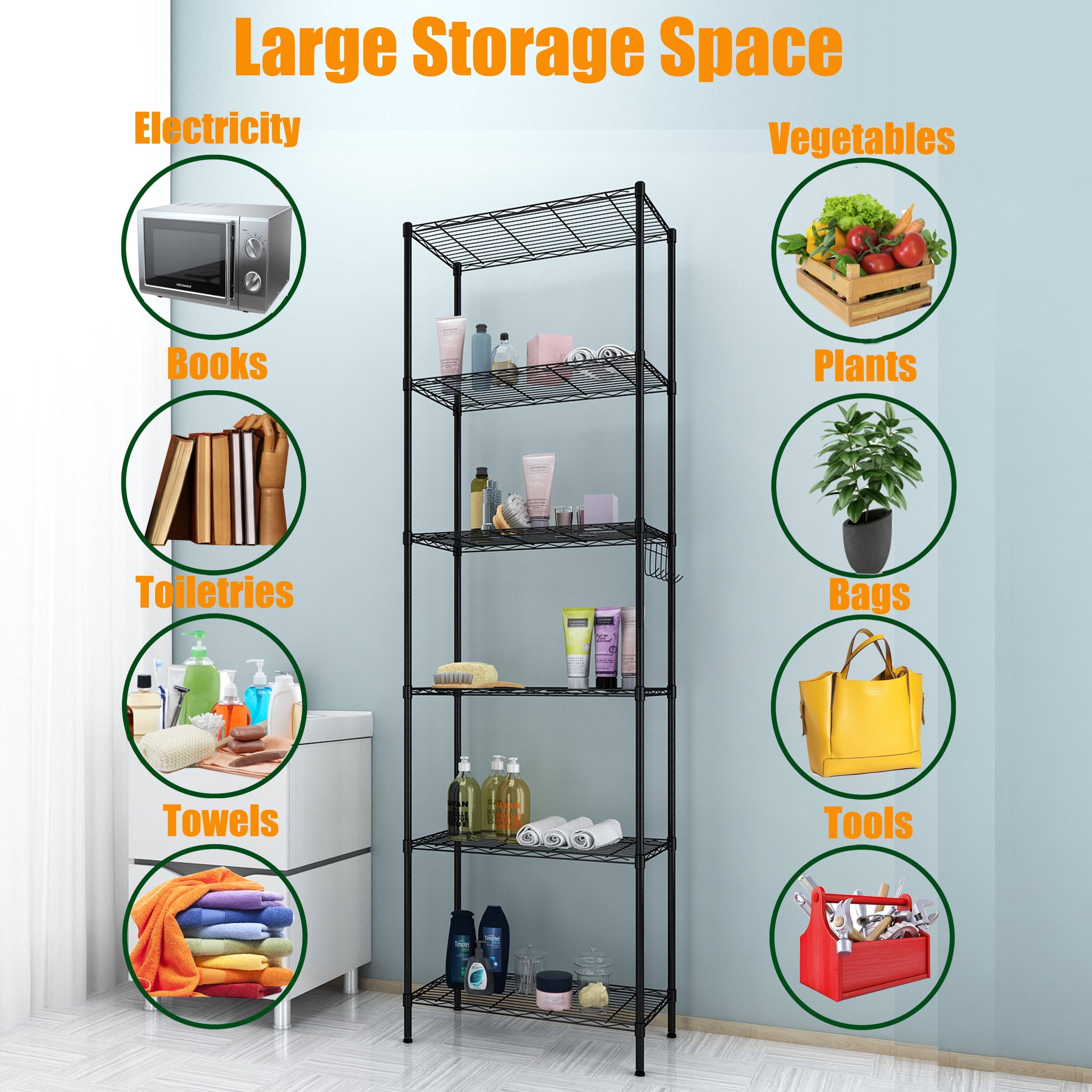 6-Tier Wire Shelving Unit Storage Rack Metal Shelf Organizer with 6 Hooks for Kitchen Bathroom Garage Balcony 21.26" x 11.42" x 62.99"