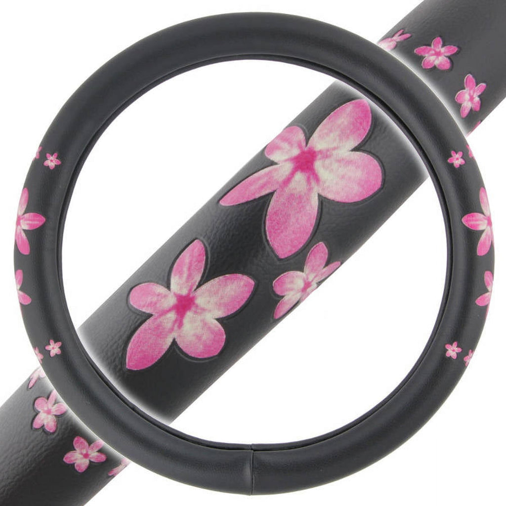 BDK Pink Floral Design Car Steering Wheel Cover, Standard Size 14.5 to 15.5"
