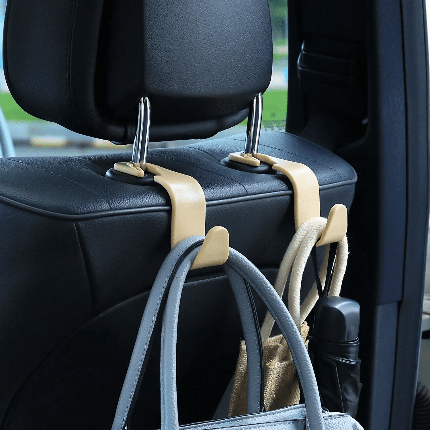 Jusdreen Car Seat Headrest Hook 4 Pack Hanger Storage Organizer Universal for Handbag Purse Coat Universal Fit Vehicle Car- Beige